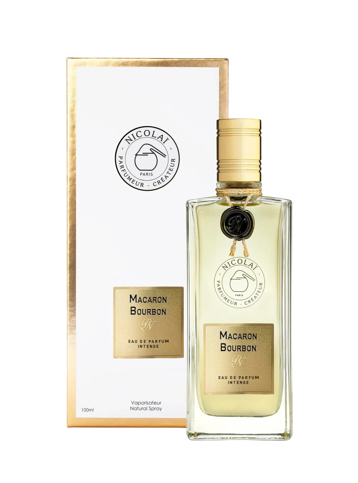 Nicolai Macaron Bourbon perfume bottle and packaging on a white background.