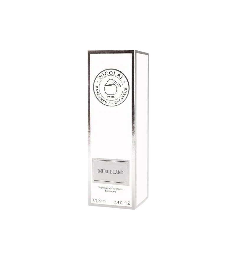 Nicola's Musc Blanc perfume bottle packaging on a white background.