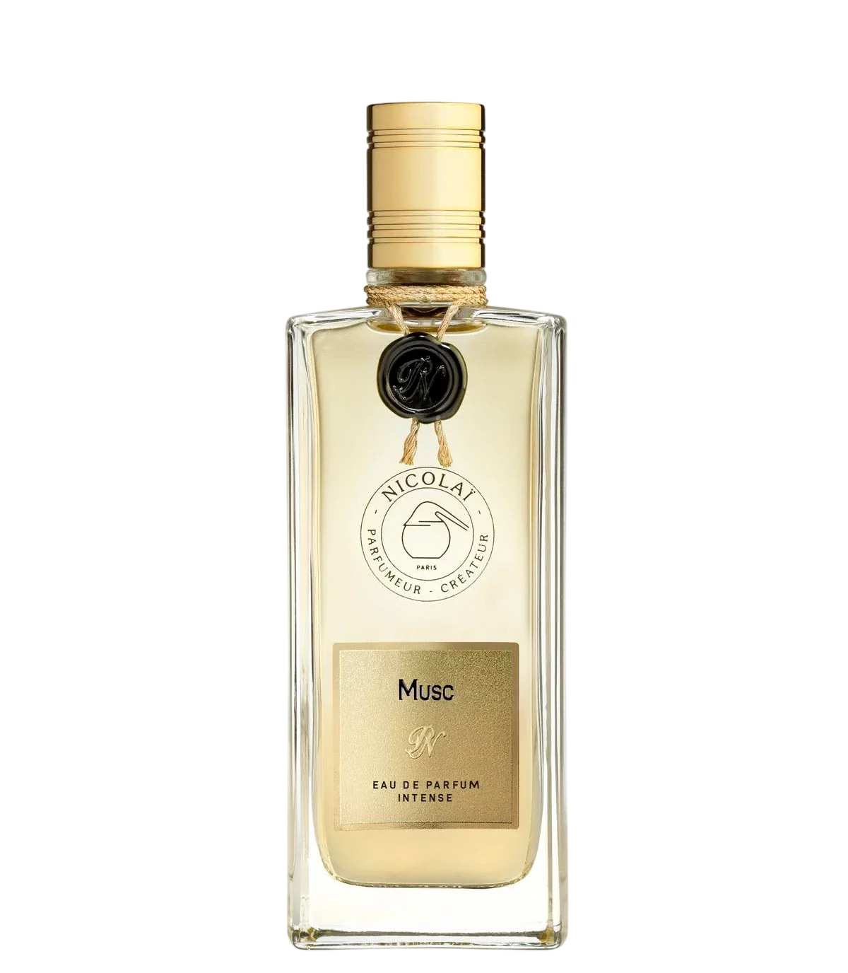 Nicolai elegant glass bottle of Musc fragrance oil featuring a decorative gold cap and labels with traditional patterns.