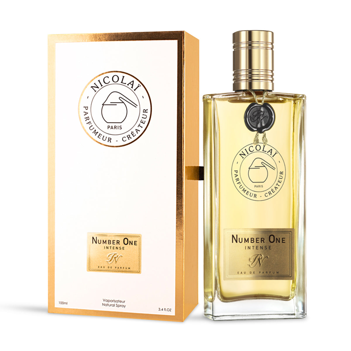 The Nicolaï Number One Intense perfume bottle standing next to its elegant white and gold-bordered presentation box on a white background.