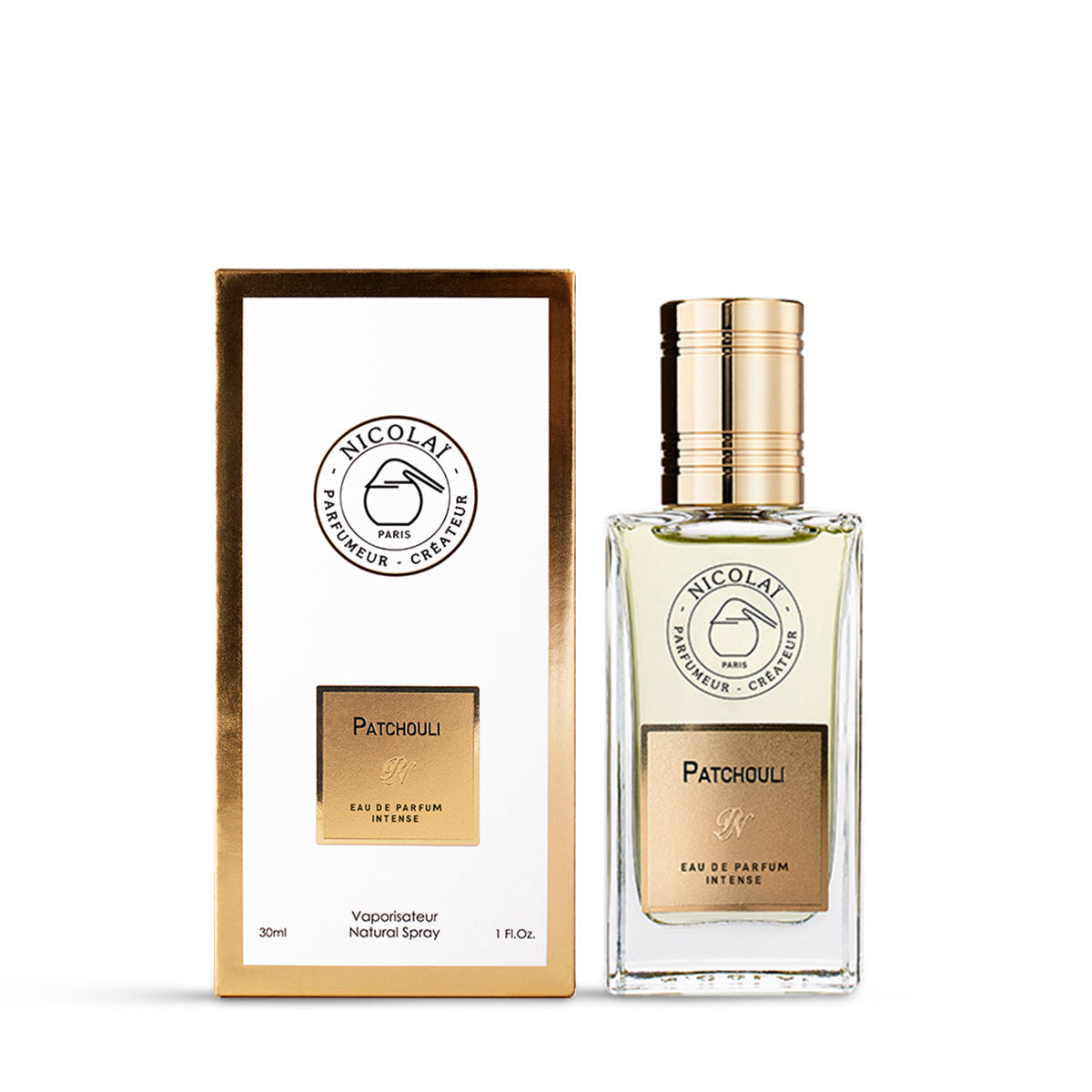 The 30ml Nicolaï Patchouli Intense bottle standing beside its matching white and gold-trimmed presentation box, highlighting the compact, elegant design.