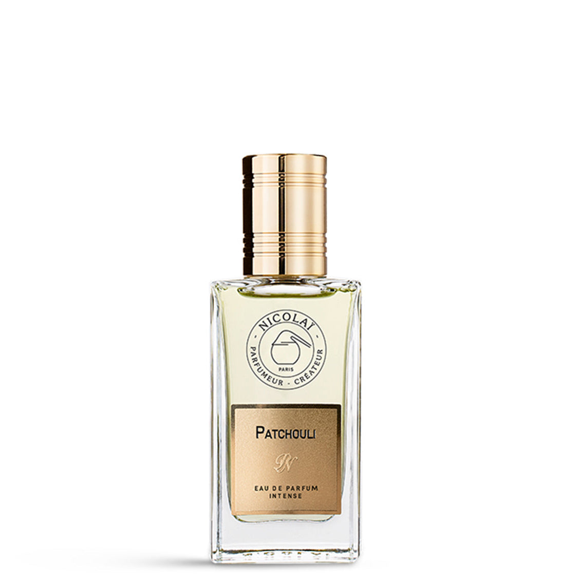 A 30ml clear glass bottle of Nicolaï Patchouli Intense Eau de Parfum with a gold rectangular label and a gold cylindrical cap.