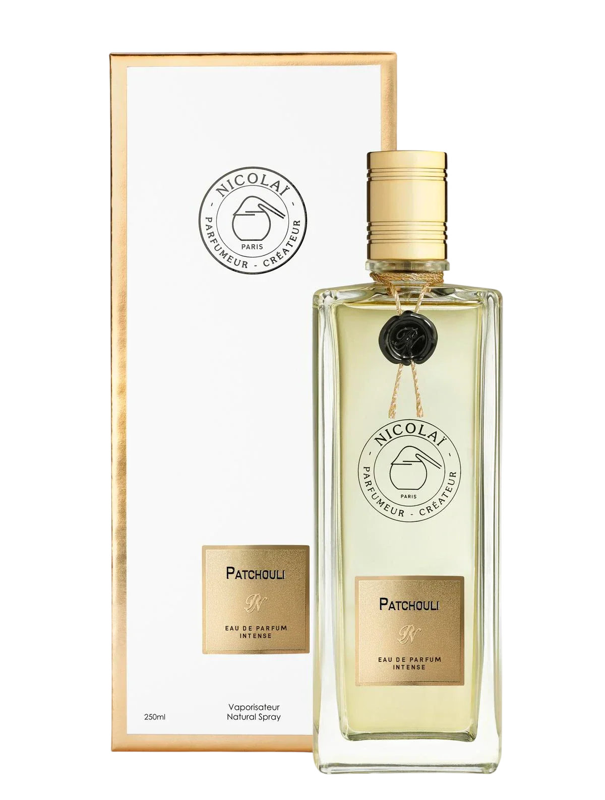 The large 250ml glass bottle of Nicolaï Patchouli Intense standing next to its tall, white and gold-bordered presentation box. The bottle features a black wax seal and gold label.