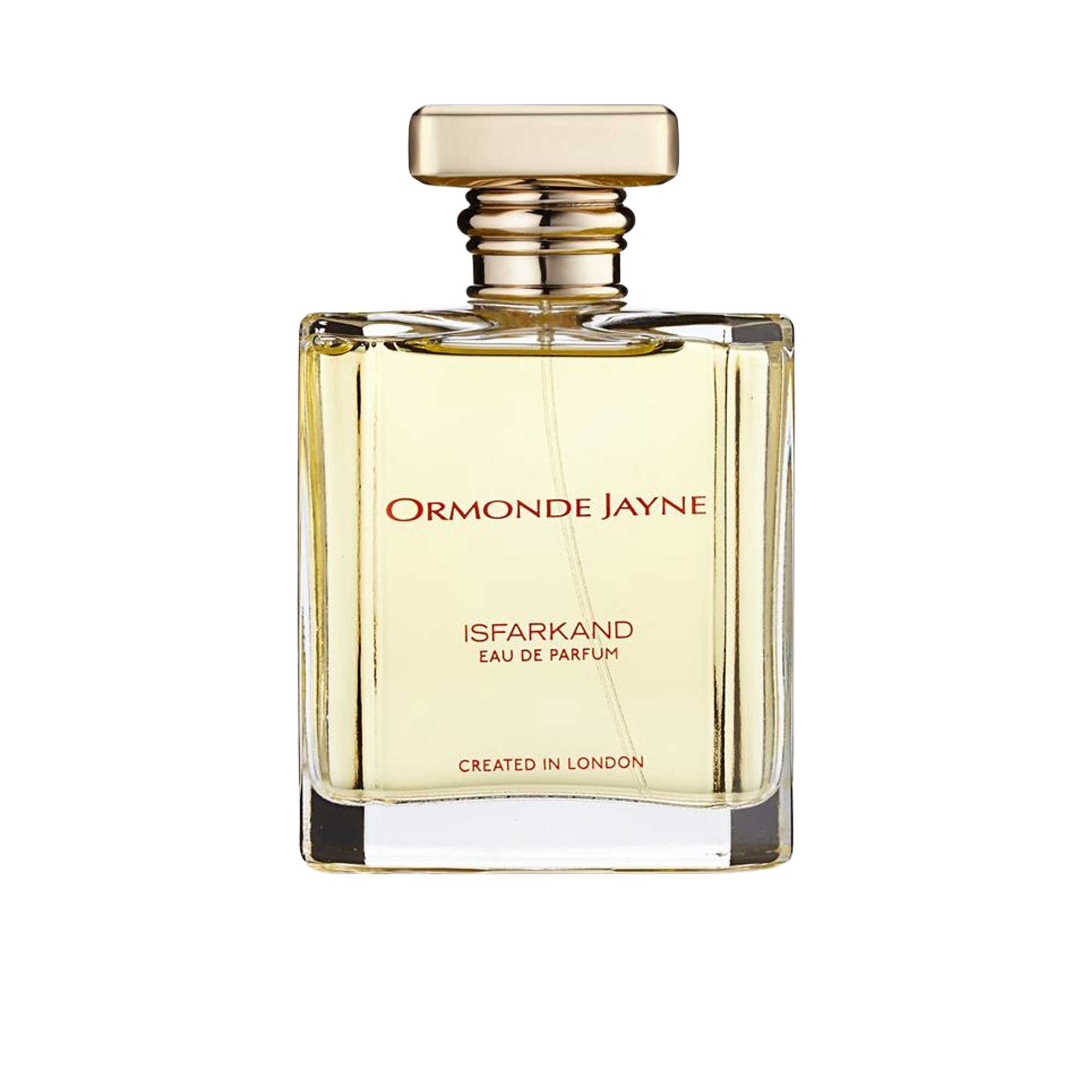 Clear glass rectangular 120ml bottle of Ormonde Jayne Isfarkand Eau de Parfum with a gold cap, featuring red and black text on a white background.
