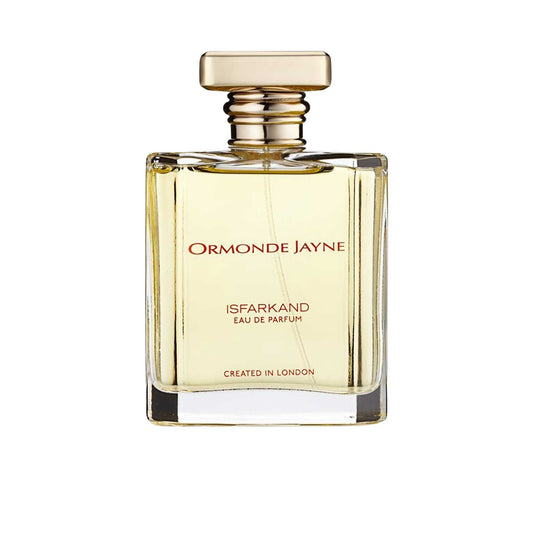 Clear glass rectangular 120ml bottle of Ormonde Jayne Isfarkand Eau de Parfum with a gold cap, featuring red and black text on a white background.