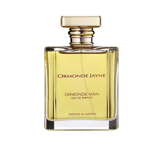 A 120ml bottle of Ormonde Jayne Ormonde Man Eau De Parfum with a gold-colored cap and label indicating it is created in London.