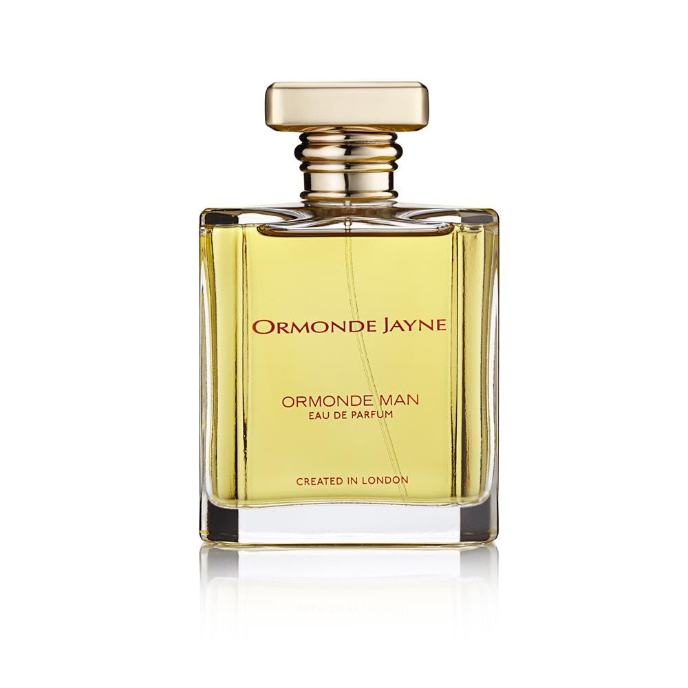 A 120ml bottle of Ormonde Jayne Ormonde Man Eau De Parfum with a gold-colored cap and label indicating it is created in London.