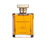 A clear glass bottle of Ormonde Jayne Tolu Eau De Parfum with a gold-colored cap and label, indicating the fragrance notes.