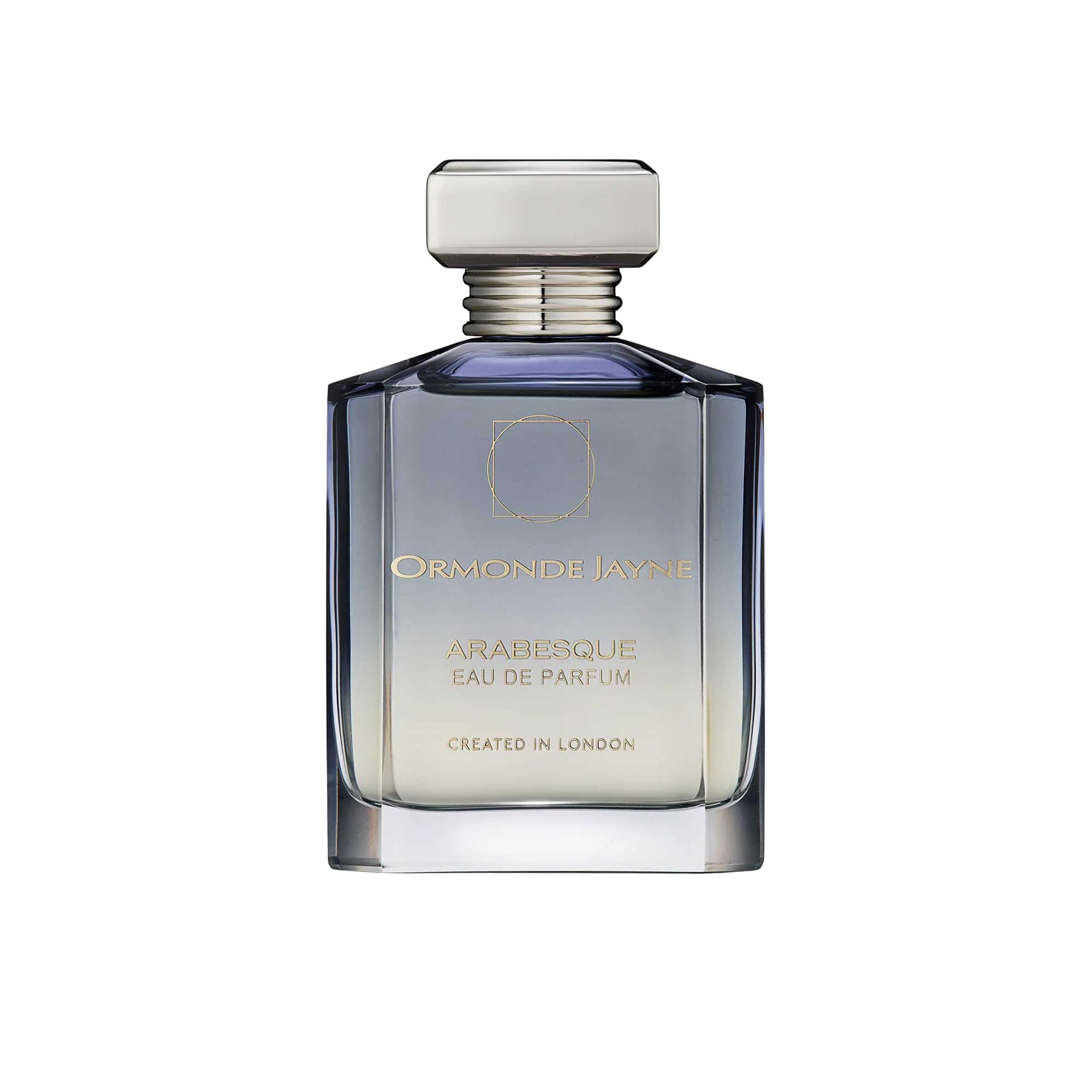 An 88ml smoky grey-to-clear gradient glass bottle of Ormonde Jayne Arabesque Eau de Parfum, featuring gold lettering and topped with a tiered silver neck and rectangular silver cap.