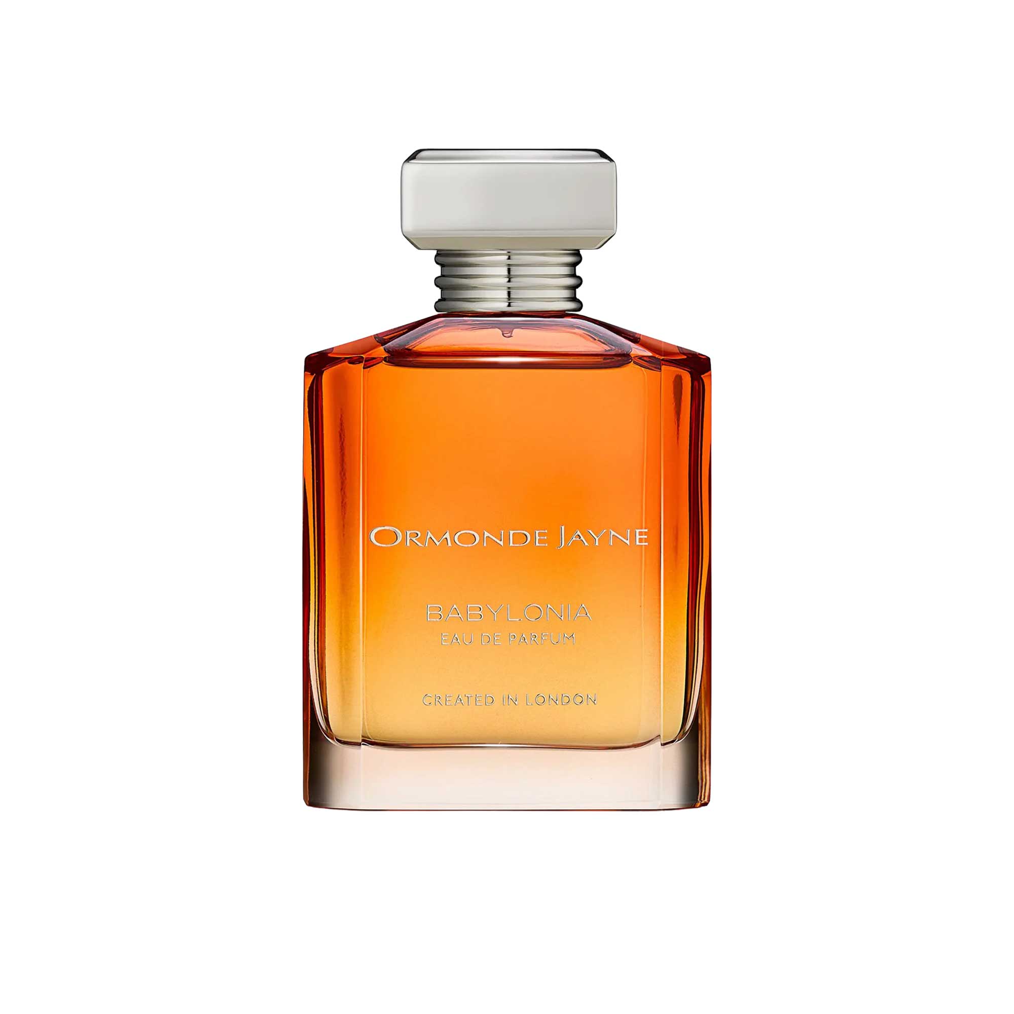 An 88ml orange gradient glass bottle of Ormonde Jayne Babylonia Eau de Parfum, featuring silver lettering and topped with a tiered silver neck and rectangular silver cap.