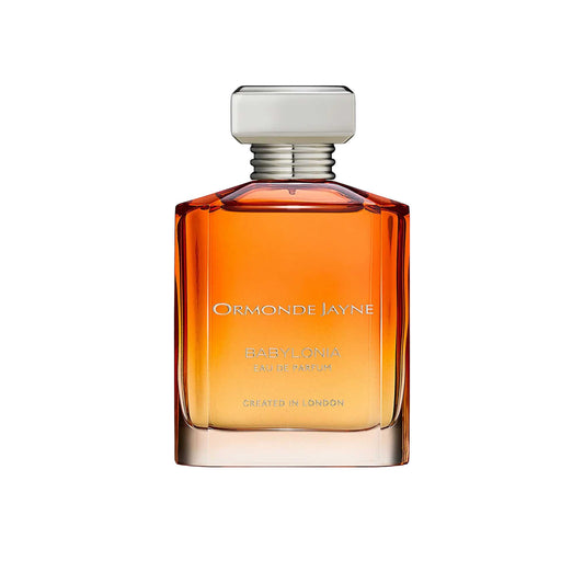 An 88ml orange gradient glass bottle of Ormonde Jayne Babylonia Eau de Parfum, featuring silver lettering and topped with a tiered silver neck and rectangular silver cap.