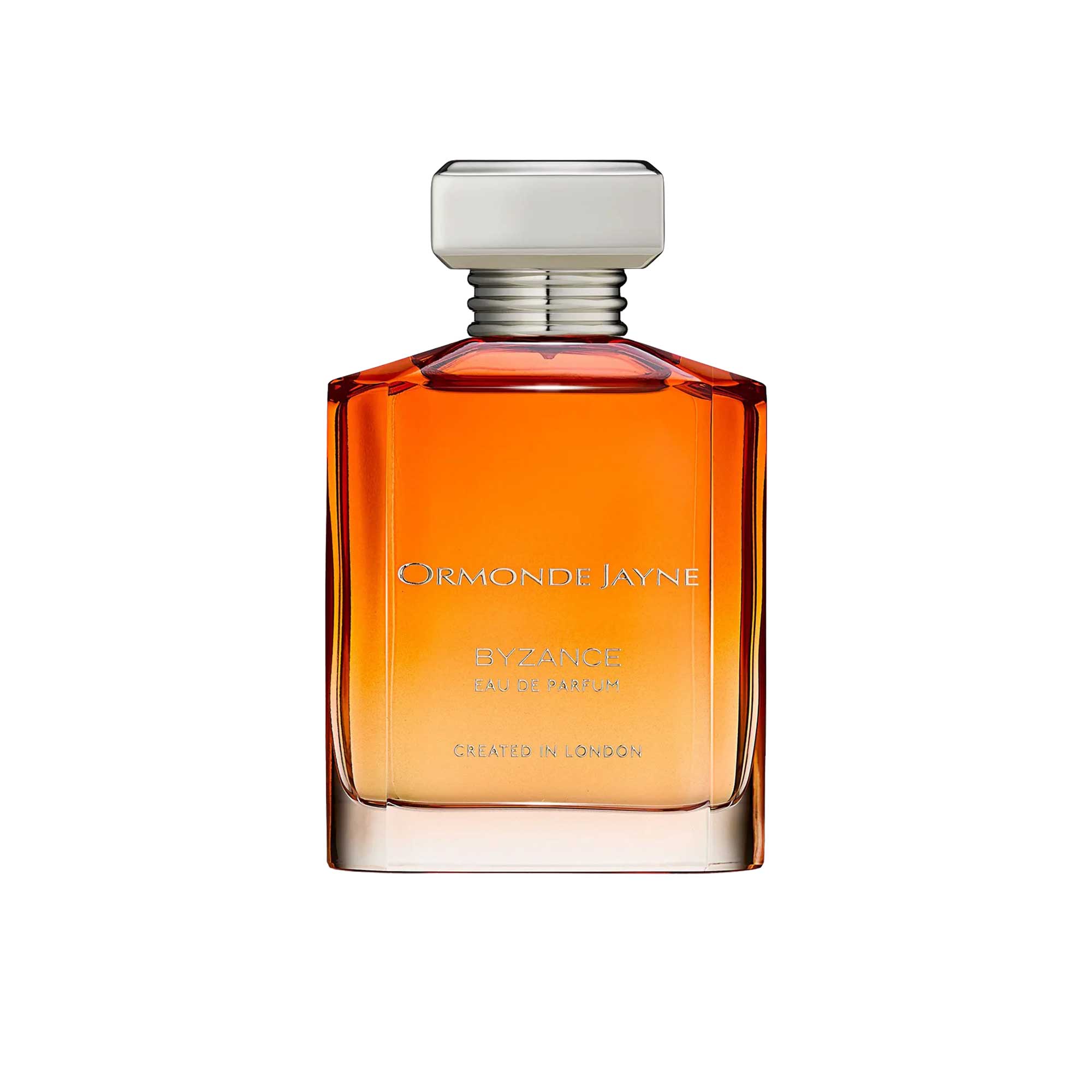 An 88ml orange gradient glass bottle of Ormonde Jayne Byzance Eau de Parfum, featuring silver lettering and topped with a tiered silver neck and rectangular silver cap.