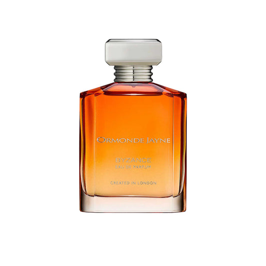 An 88ml orange gradient glass bottle of Ormonde Jayne Byzance Eau de Parfum, featuring silver lettering and topped with a tiered silver neck and rectangular silver cap.