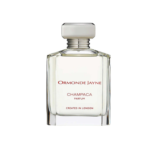 An 88ml bottle of Ormonde Jayne Champaca Parfum. The clear, rectangular glass bottle features red and black text, a silver-toned tiered neck, and a rectangular silver cap.