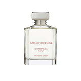 An 88ml bottle of Ormonde Jayne Champaca Parfum. The clear, rectangular glass bottle features red and black text, a silver-toned tiered neck, and a rectangular silver cap.