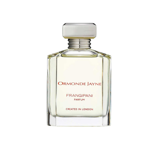 An 88ml clear glass bottle of Ormonde Jayne Frangipani Parfum, featuring red and black text, a tiered silver neck, and a rectangular silver cap.