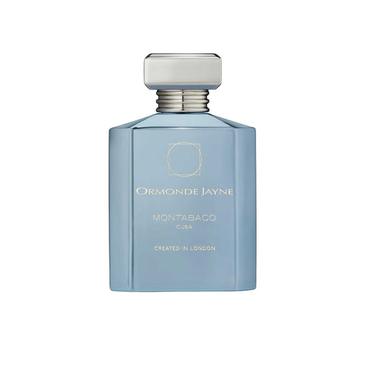 An 88ml opaque light blue glass bottle of Ormonde Jayne Montabaco Cuba, featuring gold lettering and topped with a tiered silver neck and rectangular silver cap.