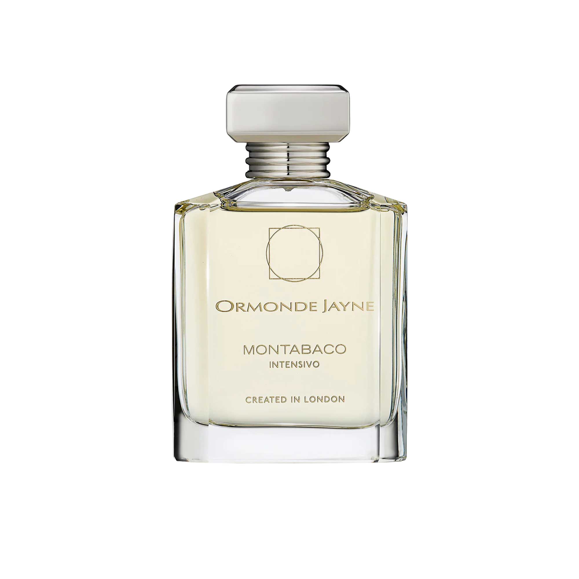 An 88ml clear glass bottle of Ormonde Jayne Montabaco Intensivo with a silver tiered neck and rectangular silver cap, filled with a light-colored fragrance.