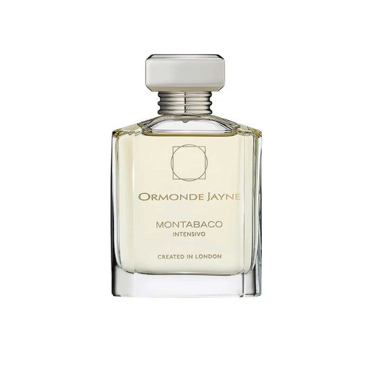 An 88ml clear glass bottle of Ormonde Jayne Montabaco Intensivo with a silver tiered neck and rectangular silver cap, filled with a light-colored fragrance.