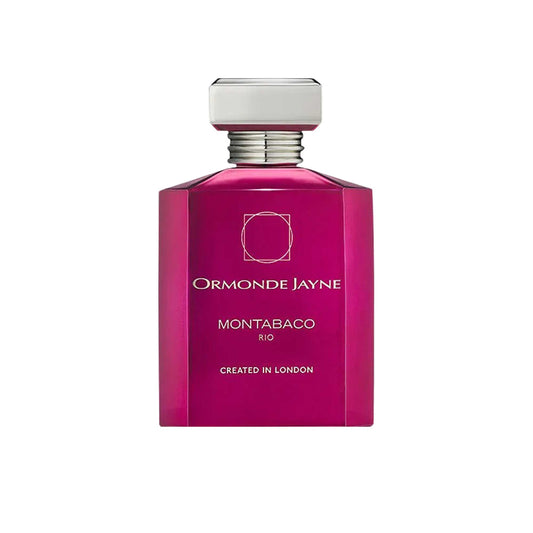 An 88ml opaque vibrant magenta glass bottle of Ormonde Jayne Montabaco Rio, featuring silver lettering and topped with a tiered silver neck and rectangular silver cap.