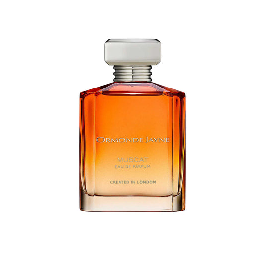 An 88ml orange gradient glass bottle of Ormonde Jayne Muscat Eau de Parfum, featuring silver lettering and topped with a tiered silver neck and rectangular silver cap.