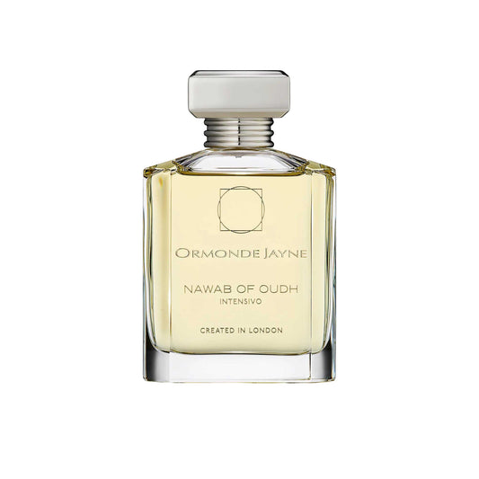 An 88ml clear glass bottle of Ormonde Jayne Nawab of Oudh Intensivo, featuring silver lettering and a silver tiered neck with a rectangular silver cap.