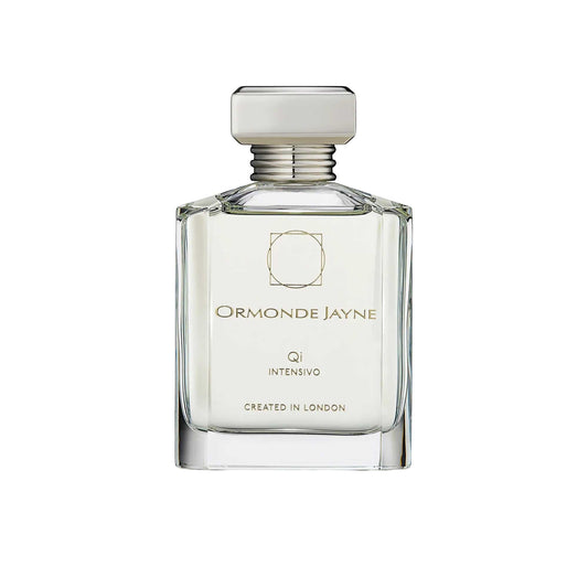 An 88ml clear glass bottle of Ormonde Jayne Qi Intensivo featuring a silver tiered neck and a rectangular silver cap, filled with a light-colored fragrance.