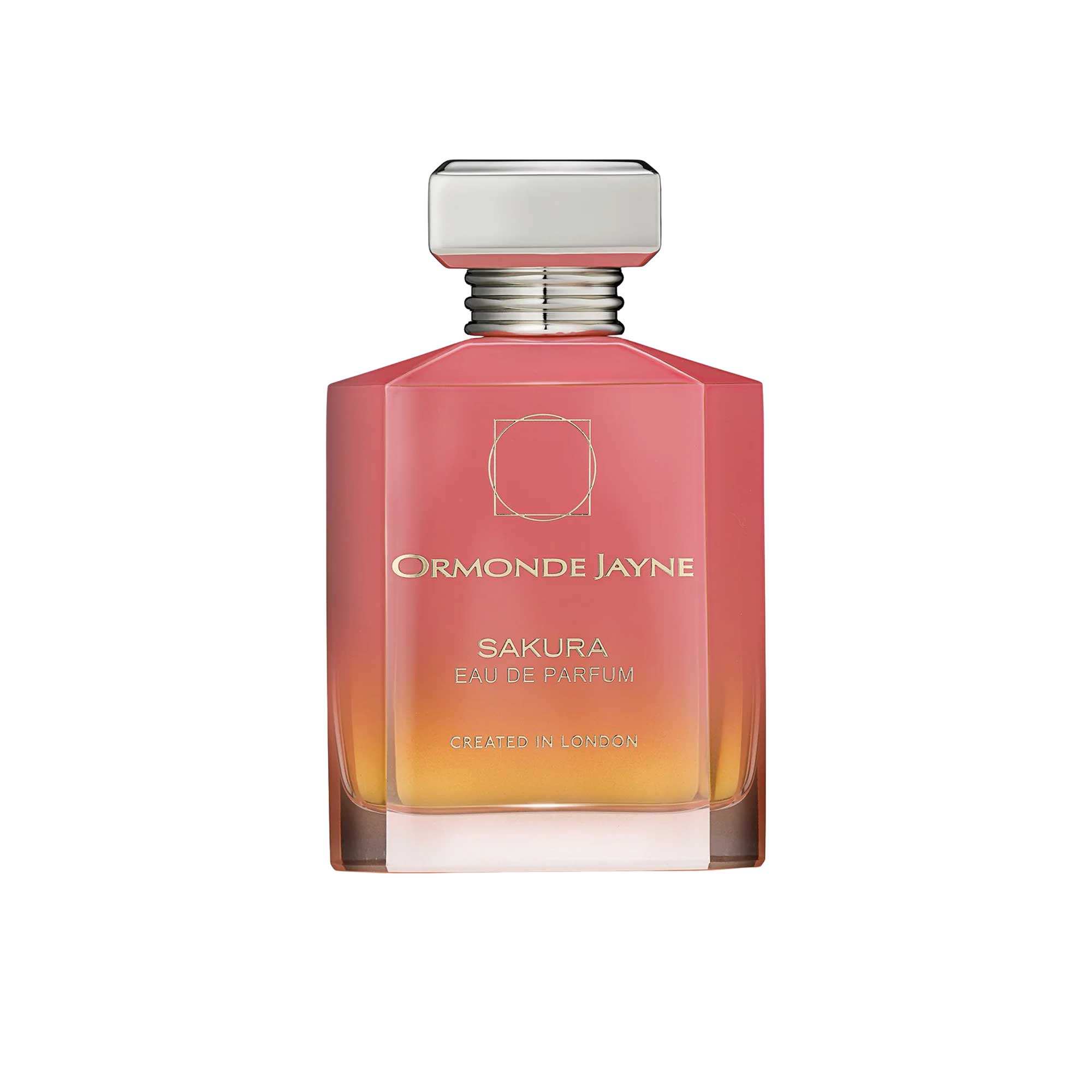 An 88ml orange and pink gradient glass bottle of Ormonde Jayne Sakura Eau de Parfum, featuring gold lettering and topped with a tiered silver neck and rectangular silver cap.