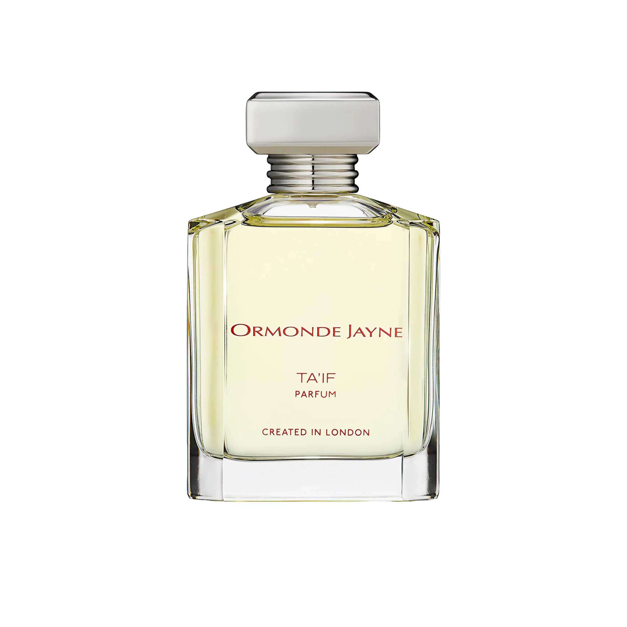 An 88ml bottle of Ormonde Jayne Ta'if Parfum. The clear, rectangular glass bottle is filled with a pale gold liquid and topped with a silver tiered neck and rectangular cap.