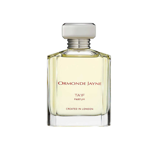 An 88ml bottle of Ormonde Jayne Ta'if Parfum. The clear, rectangular glass bottle is filled with a pale gold liquid and topped with a silver tiered neck and rectangular cap.