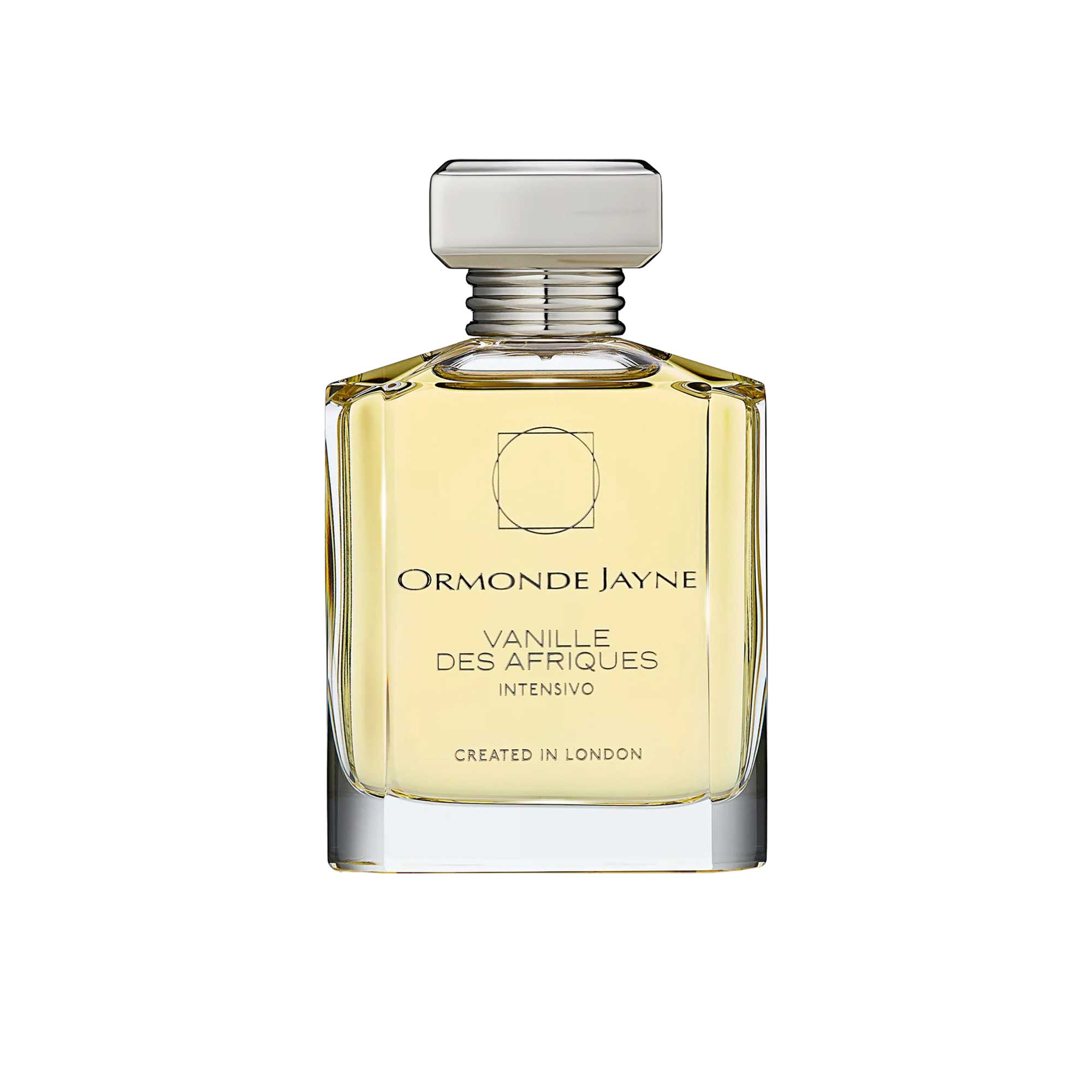 An 88ml clear glass bottle of Ormonde Jayne Vanille des Afriques Intensivo, featuring silver lettering and topped with a tiered silver neck and rectangular silver cap.