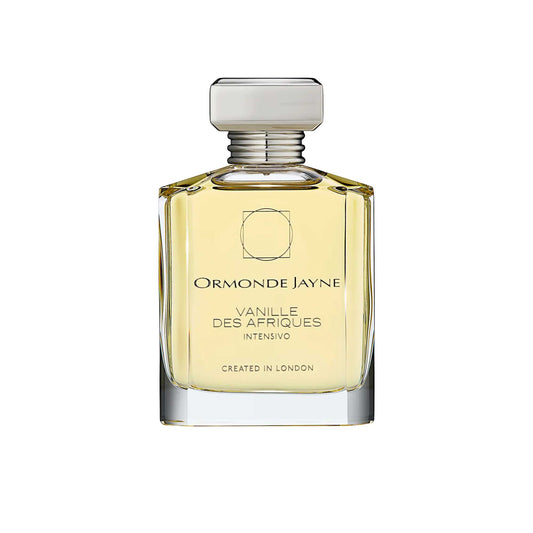 An 88ml clear glass bottle of Ormonde Jayne Vanille des Afriques Intensivo, featuring silver lettering and topped with a tiered silver neck and rectangular silver cap.