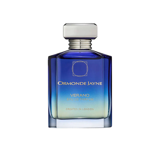 An 88ml translucent azure blue glass bottle of Ormonde Jayne Montabaco Verano, featuring gold lettering and topped with a tiered silver neck and rectangular silver cap.