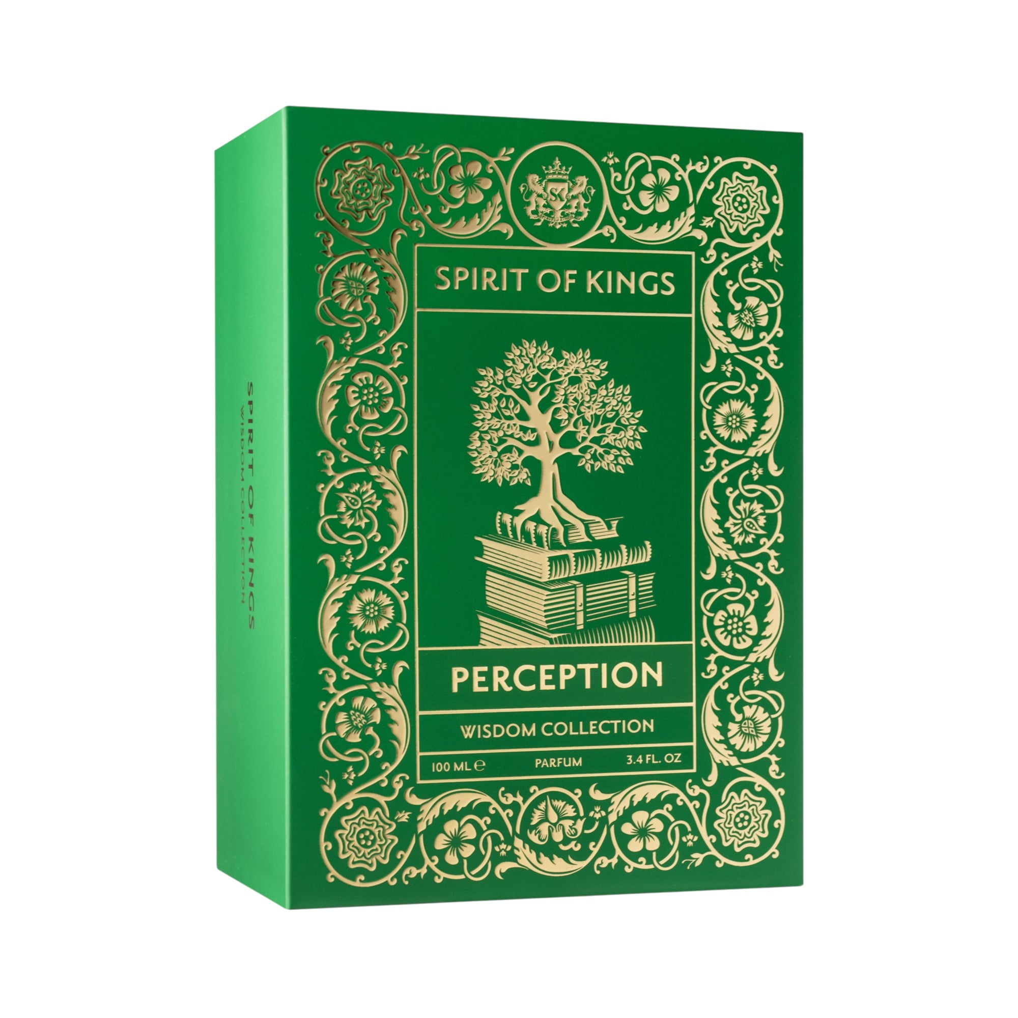 Green rectangular perfume box with gold-toned ornate borders, a tree growing from books, and "SPIRIT OF KINGS PERCEPTION" tex