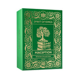 Green rectangular perfume box with gold-toned ornate borders, a tree growing from books, and "SPIRIT OF KINGS PERCEPTION" tex