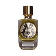 Rectangular glass perfume bottle with faceted base, containing olive-green liquid, a black and cream ornate label, and a gold