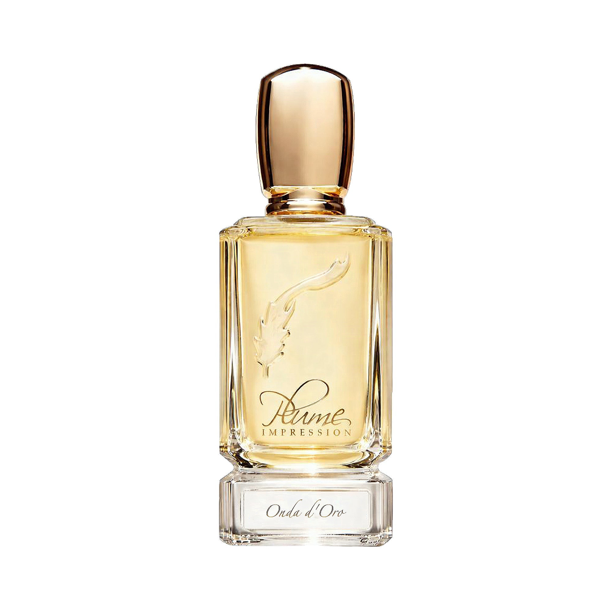Clear rectangular glass perfume bottle with a gold-toned cap, embossed feather design, and "Plume IMPRESSION" text. Contains
