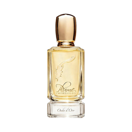 Clear rectangular glass perfume bottle with a gold-toned cap, embossed feather design, and "Plume IMPRESSION" text. Contains