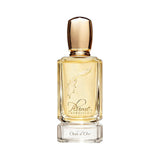 Clear rectangular glass perfume bottle with a gold-toned cap, embossed feather design, and "Plume IMPRESSION" text. Contains