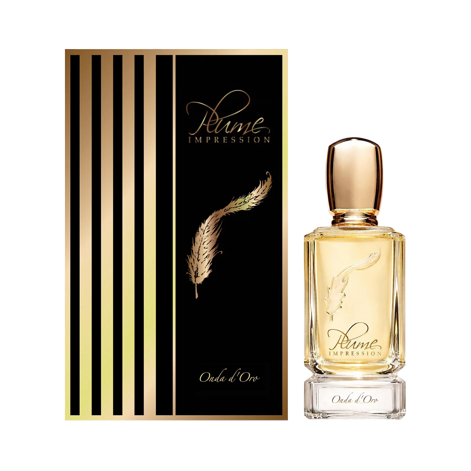 Clear glass perfume bottle with gold-toned cap, light gold liquid, gold feather design. Black box with vertical gold stripes