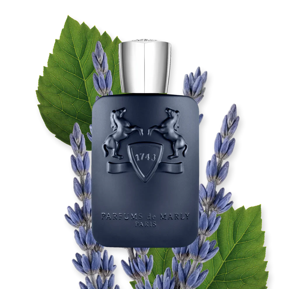 The Layton Eau de Parfum bottle artfully surrounded by sprigs of fresh lavender and green leaves, highlighting the fragrance's aromatic floral notes.