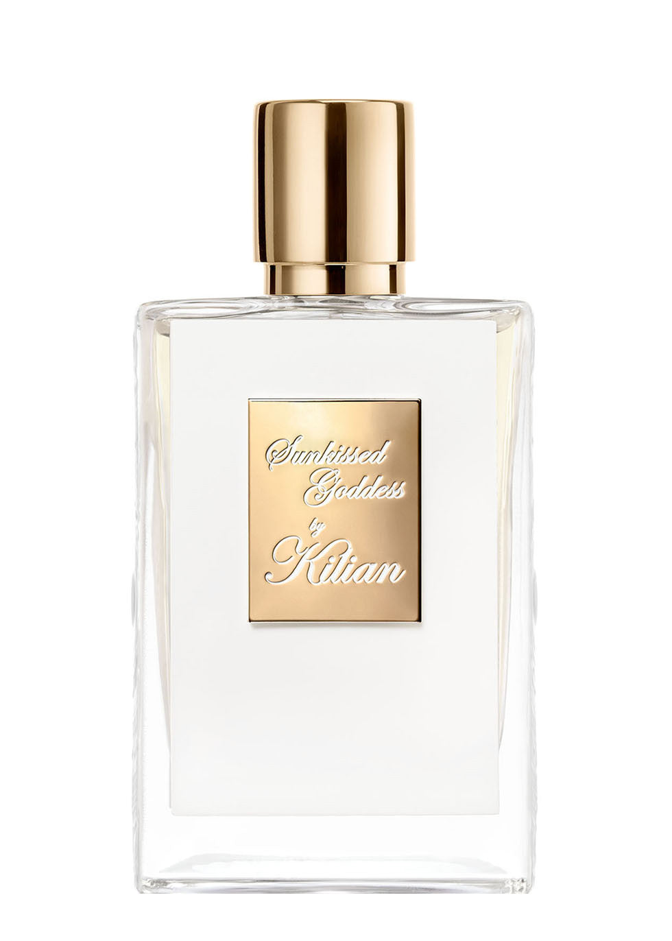 A luxury 50ml perfume bottle of Sunkissed Goddess by Kilian, featuring a sleek clear glass design with a white front panel, a gold-toned nameplate, and a polished gold cap.