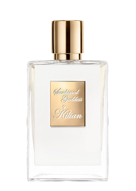 A luxury 50ml perfume bottle of Sunkissed Goddess by Kilian, featuring a sleek clear glass design with a white front panel, a gold-toned nameplate, and a polished gold cap.