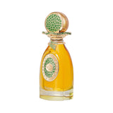 Amber perfume bottle with gold-toned cap and collar featuring green mosaic patterns. Front has a gold-toned circular design w