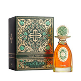 Dark green box with gold-toned and green ornate patterns. Amber perfume bottle with a gold-toned cap, green mosaic top, and o