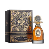 Black box with gold-toned ornate patterns. Amber perfume bottle with a gold-toned cap and oval design, both featuring black m