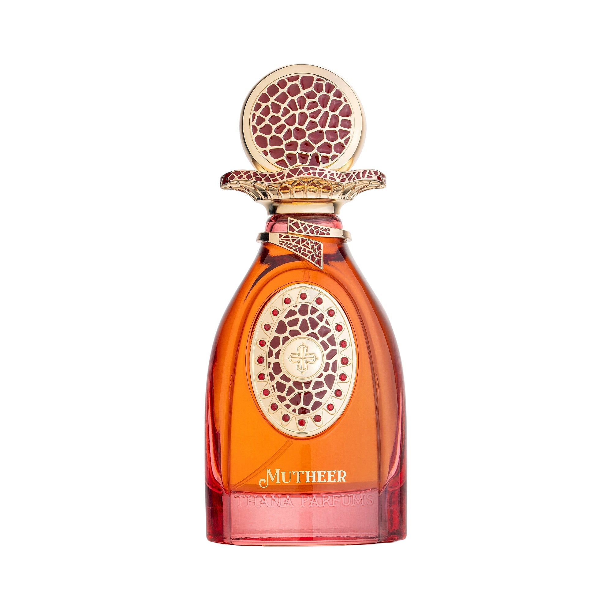 Orange and red gradient glass perfume bottle with a gold-toned cap and emblem, both featuring dark red patterned inlays.