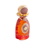 Reddish-orange perfume bottle with a gold-toned cap featuring a dark red honeycomb pattern. Gold-toned medallion on front.