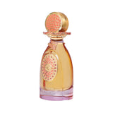 Amber perfume bottle with pink-tinted base, gold-toned cap with coral mosaic top, and a gold-toned emblem with pink gems.