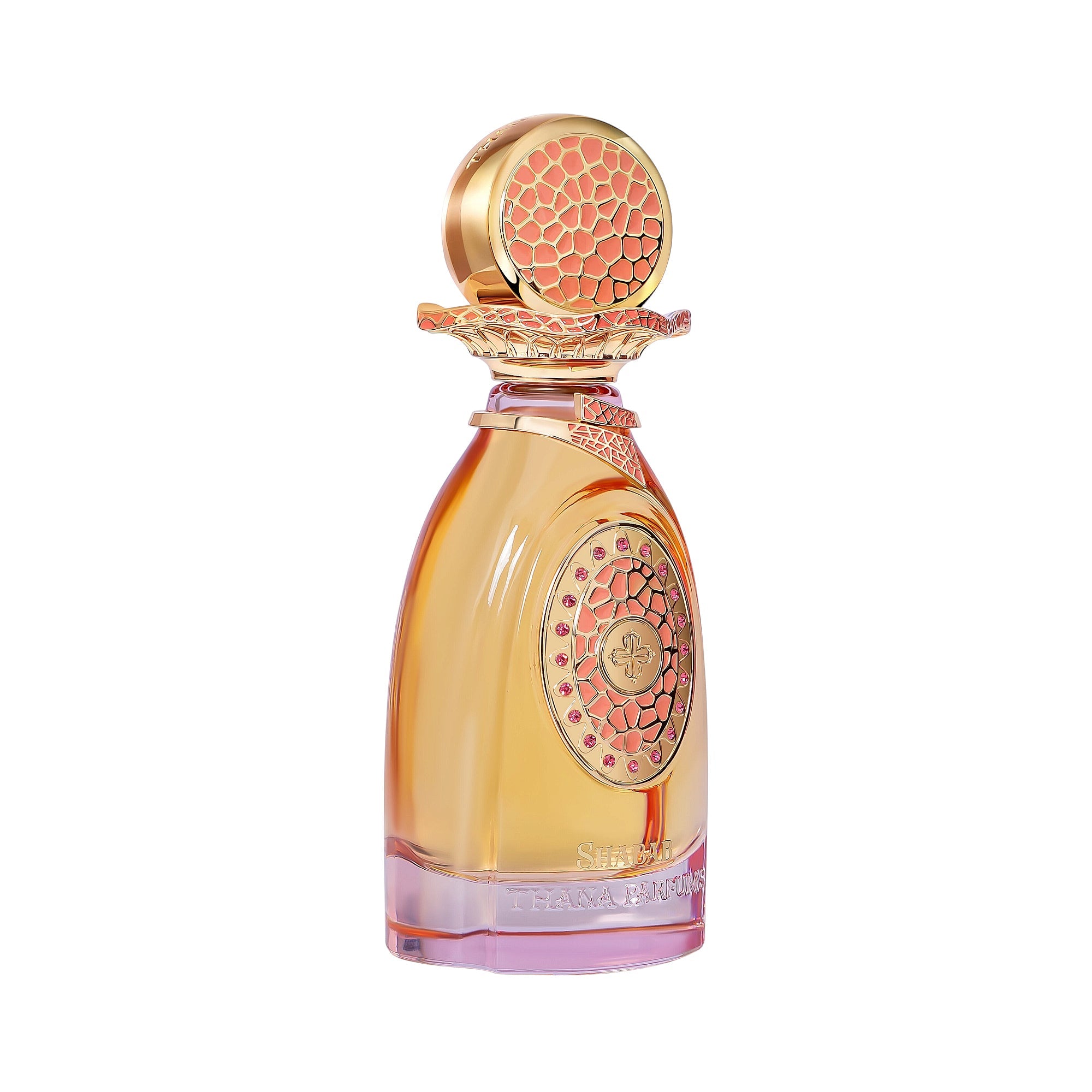 Amber perfume bottle with pink base, gold-toned cap with coral textured top, and a gold-toned emblem with coral texture and p